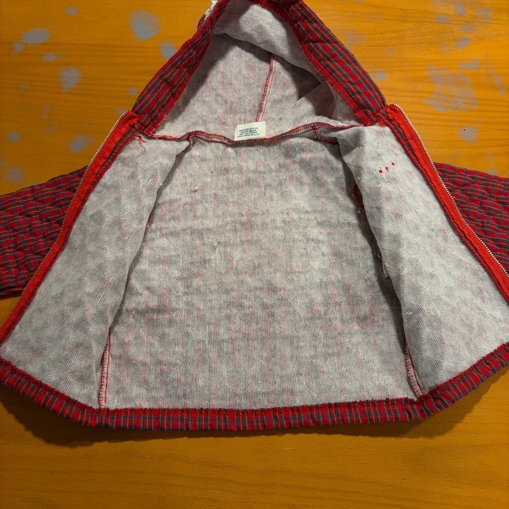 Vintage Doe-Spun Toddler Girls Red Plaid Quilted Hooded Jacket Lace Trim 24M